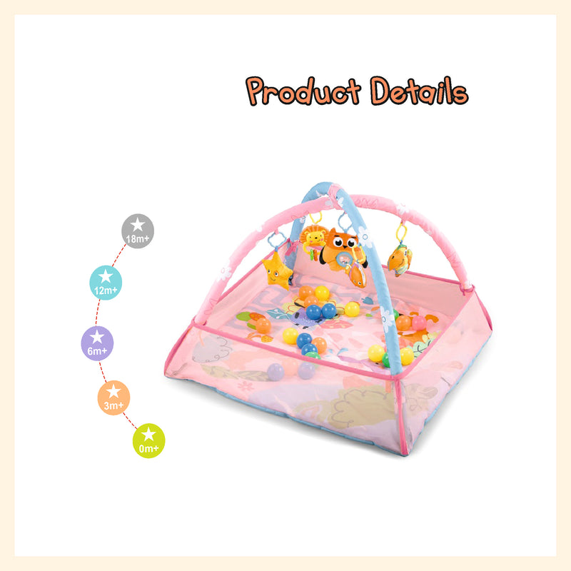 Baby gym mat activity play mat with side mesh and flexible arcs for toy hanger ball pit in pink infant and up