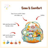 Baby kids game play activity gym mat crawling carpet with safety guard mesh colorful balls, pillow, hangers baby play mat