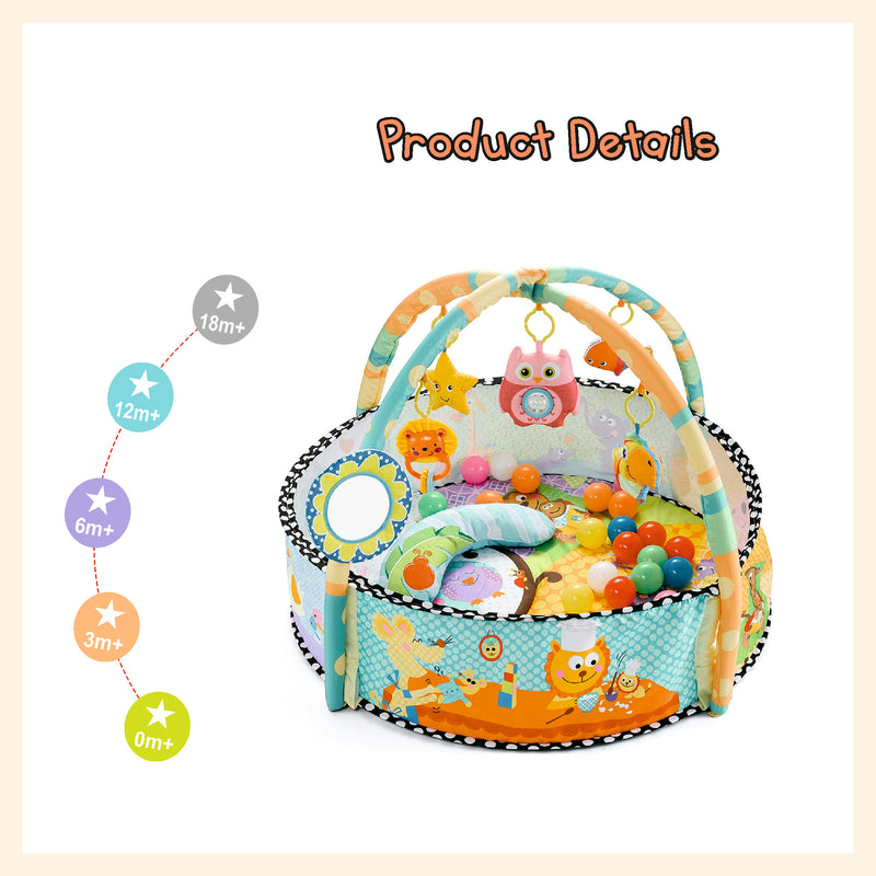 Baby kids game play activity gym mat crawling carpet with safety guard mesh colorful balls, pillow, hangers baby play mat