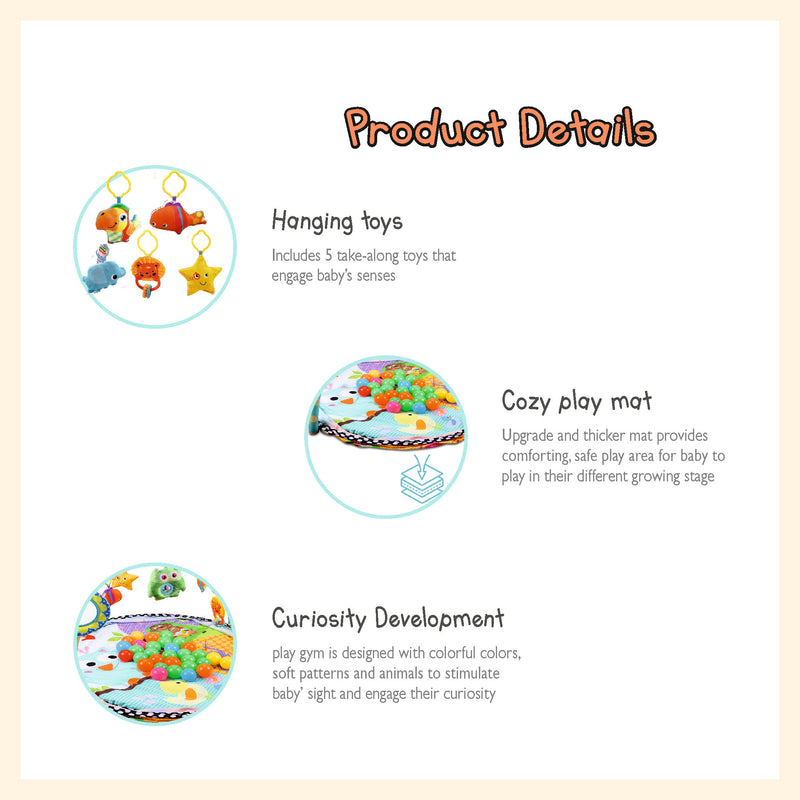 Baby kids game play activity gym mat crawling carpet with safety guard mesh colorful balls, pillow, hangers baby play mat