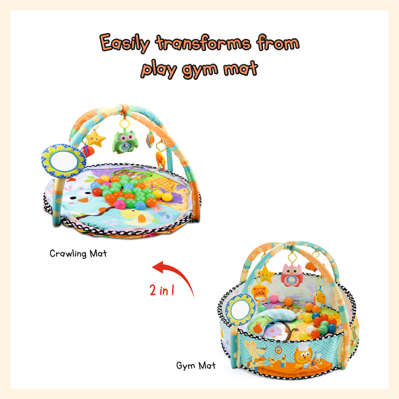 Baby kids game play activity gym mat crawling carpet with safety guard mesh colorful balls, pillow, hangers baby play mat