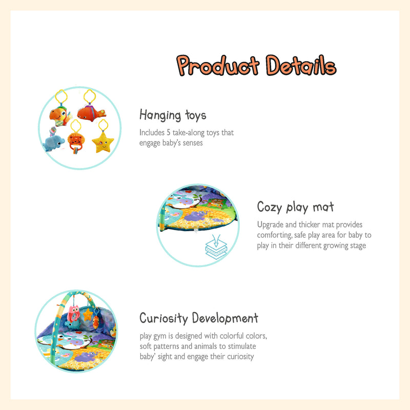 Half-sided baby play gym mat with single flexible arc and hanger toys for infant and toddlers