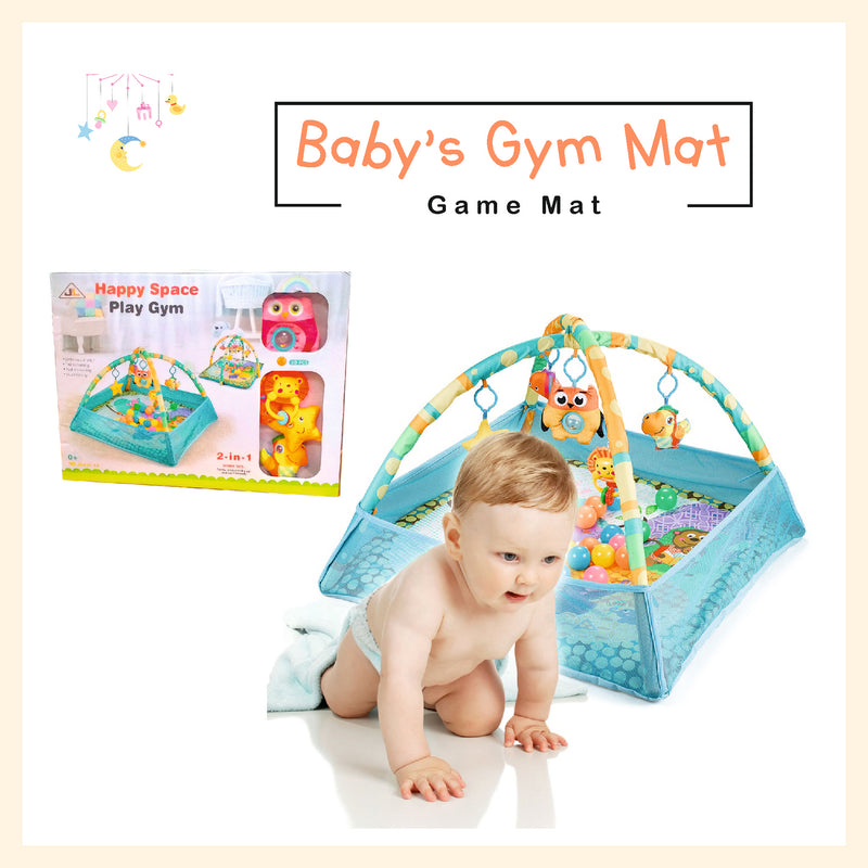 Baby gym mat activity play mat with side mesh and flexible arcs for toy hanger ball pit in blue infant and toddler