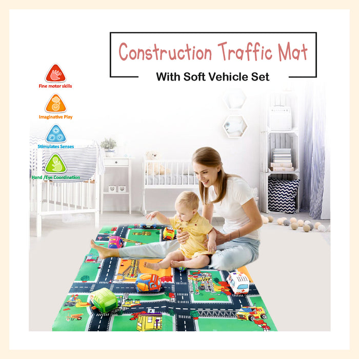 Construction traffic mat with soft vehicle set