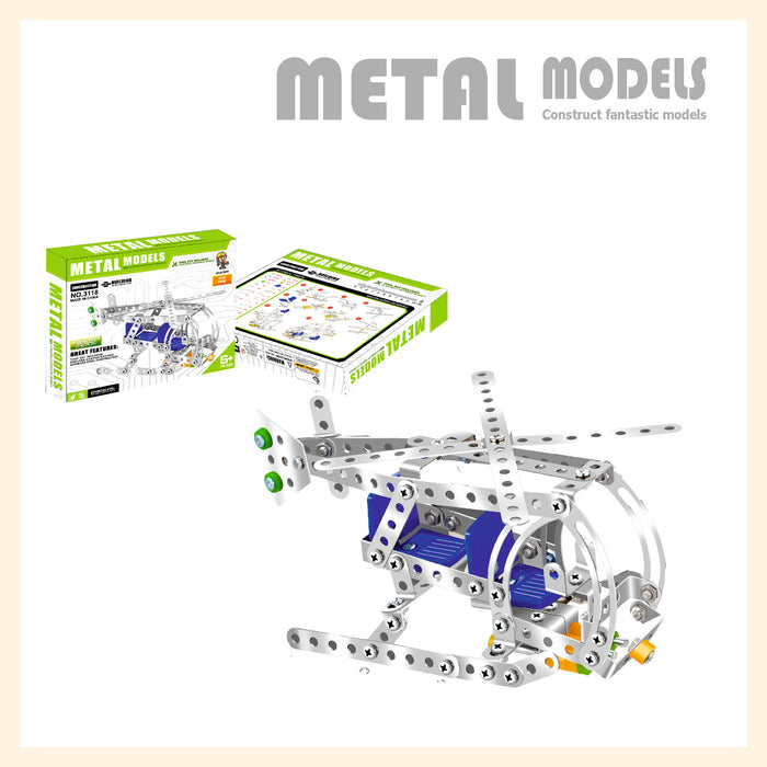 Helicopter metal model construction with tools and manual