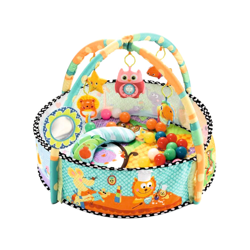 Baby kids game play activity gym mat crawling carpet with safety guard mesh colorful balls, pillow, hangers baby play mat