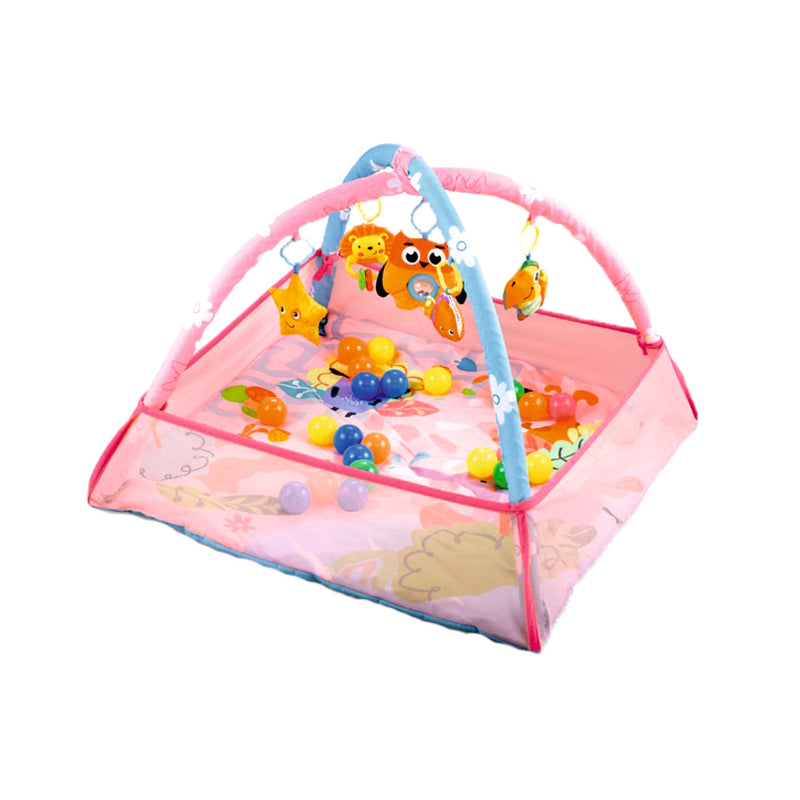 Baby gym mat activity play mat with side mesh and flexible arcs for toy hanger ball pit in pink infant and up