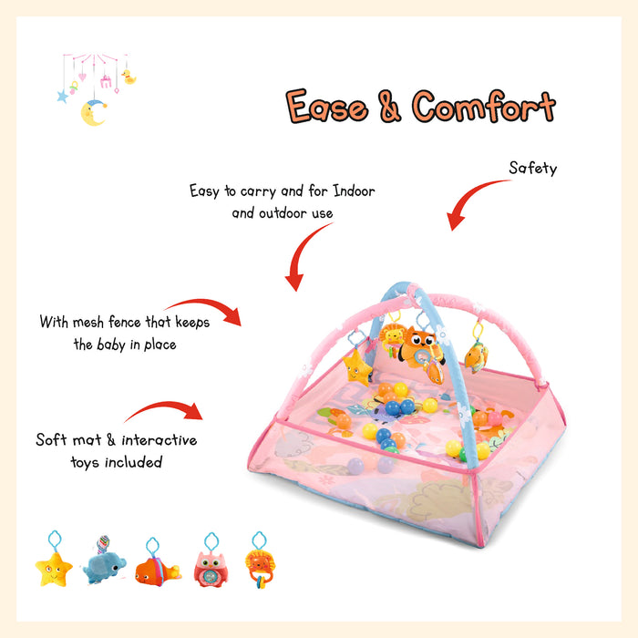 Baby gym mat activity play mat with side mesh and flexible arcs for toy hanger ball pit in pink infant and up