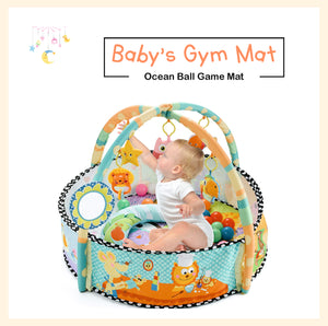 Baby kids game play activity gym mat crawling carpet with safety guard mesh colorful balls, pillow, hangers baby play mat