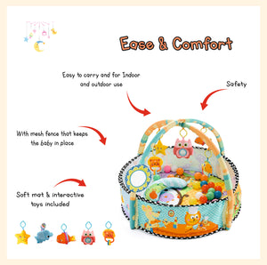 Baby kids game play activity gym mat crawling carpet with safety guard mesh colorful balls, pillow, hangers baby play mat