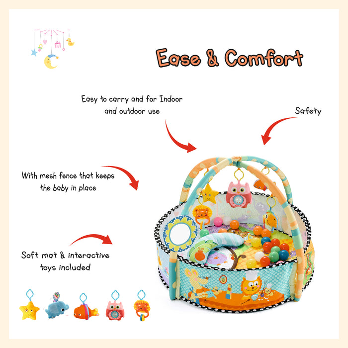 Baby kids game play activity gym mat crawling carpet with safety guard mesh colorful balls, pillow, hangers baby play mat