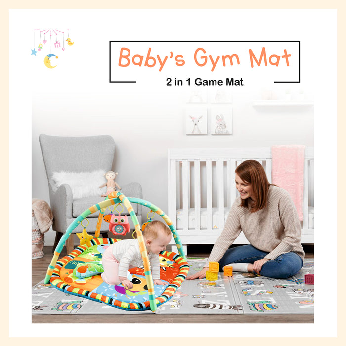 Baby play gym mat tummy time activity mat crawling carpet with hanger toys rattle music and cute pillow