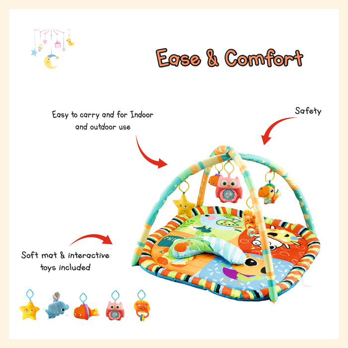 Baby play gym mat tummy time activity mat crawling carpet with hanger toys rattle music and cute pillow