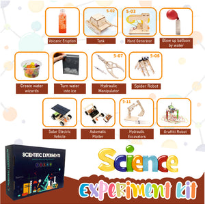 Science experiment kit for kids up to grade 5 with 12 pouches that contains different projects