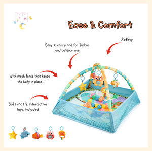 Baby gym mat activity play mat with side mesh and flexible arcs for toy hanger ball pit in blue infant and toddler