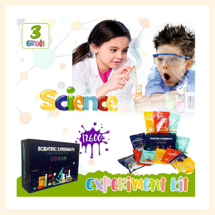 A box of science experiment with 12 pouches of different projects for Grade 3 kids