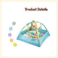 Baby gym mat activity play mat with side mesh and flexible arcs for toy hanger ball pit in blue infant and toddler
