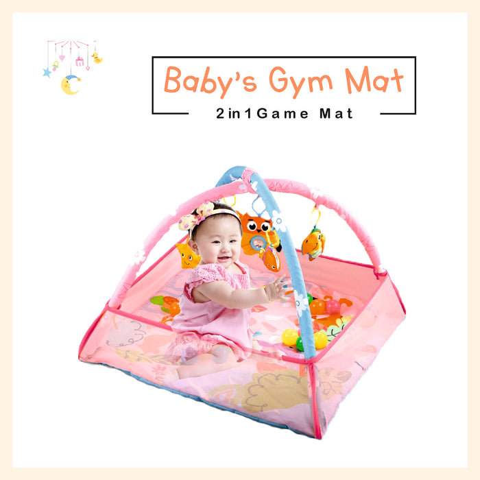 Baby gym mat activity play mat with side mesh and flexible arcs for toy hanger ball pit in pink infant and up