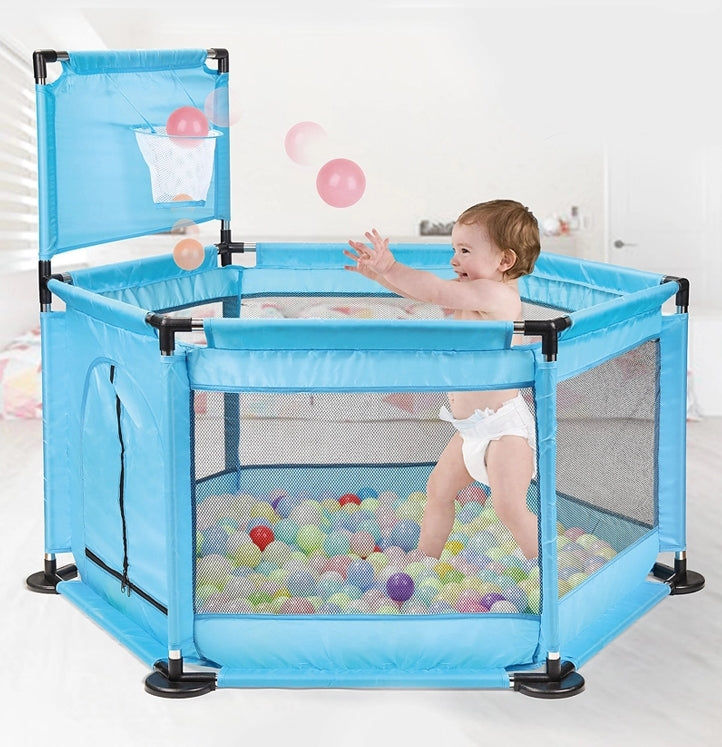 Breathable mesh playpen with basketball ring