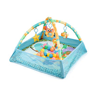 Baby gym mat activity play mat with side mesh and flexible arcs for toy hanger ball pit in blue infant and toddler
