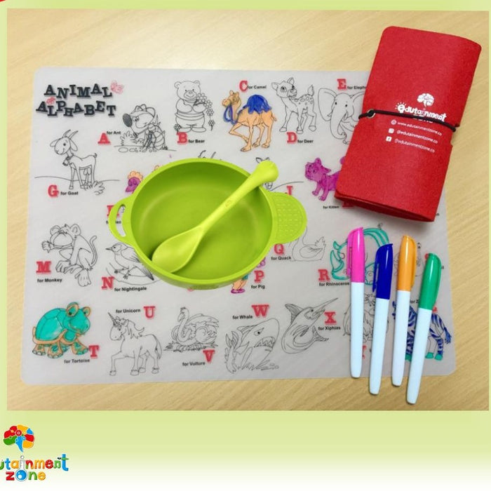 Kids animal alphabet silicone placemat with red case