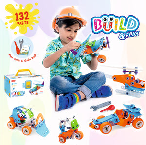 STEAM toy build and play plastic assembly 132pieces with sturdy storage box
