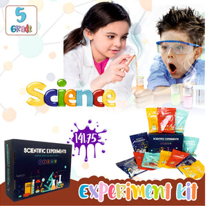 Science experiment kit for kids up to grade 5 with 12 pouches that contains different projects